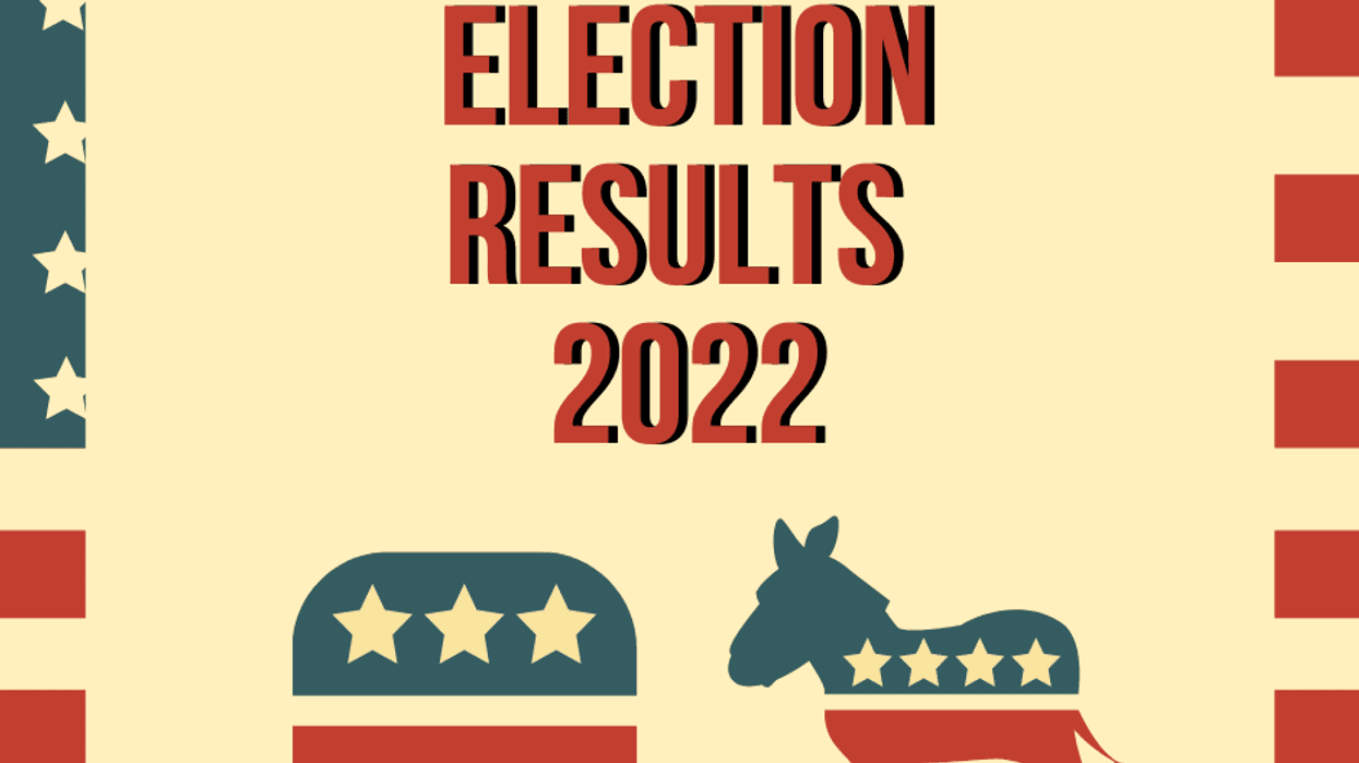 image of american flag overlaid with cream rectangle and cartoons of elephant and donkey with text saying election results 2022