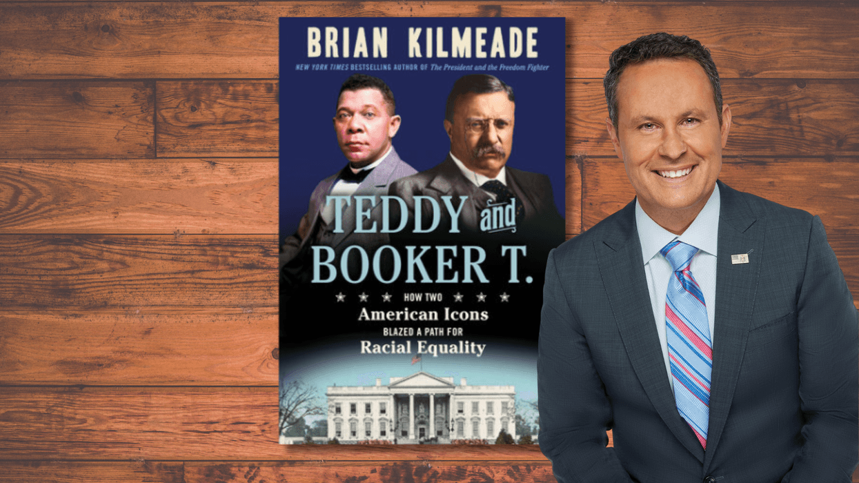 Image of Brian Kilmeade next to his new book Teddy and Booker T