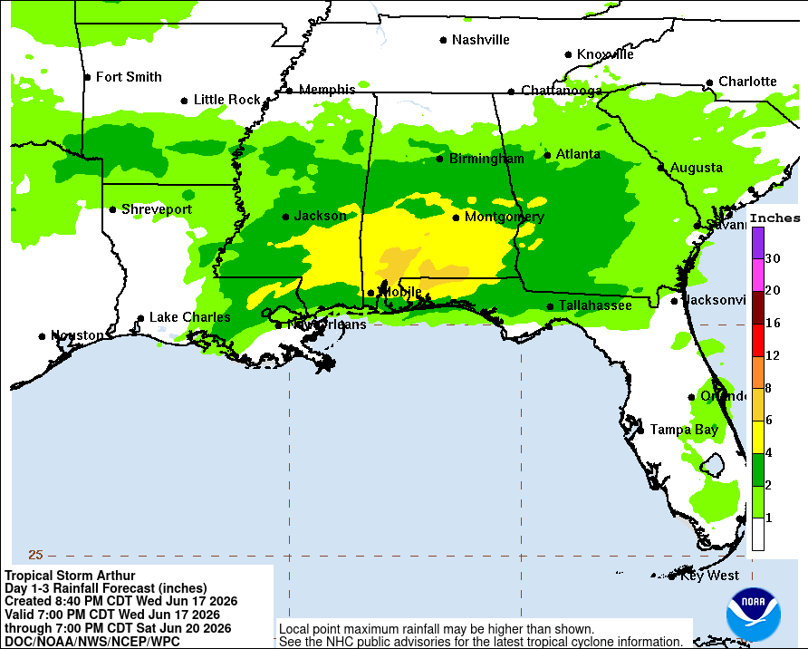Overnight downpours from Tropical Storm Arthur in Southeast Louisiana