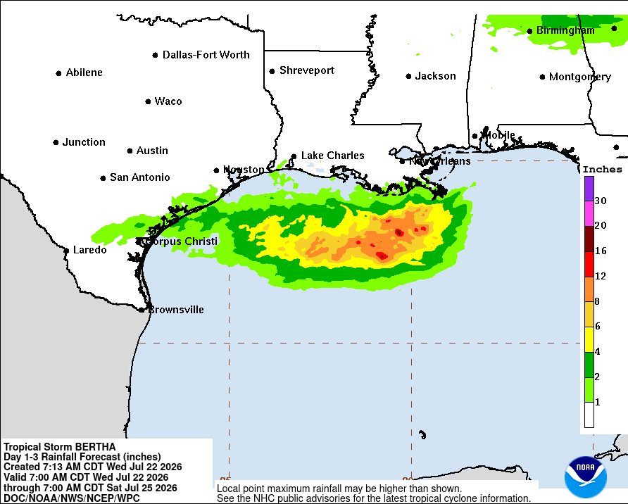 Weather Prediction Center calls for nearly all of Bertha's rain to remain off the Louisiana Coast