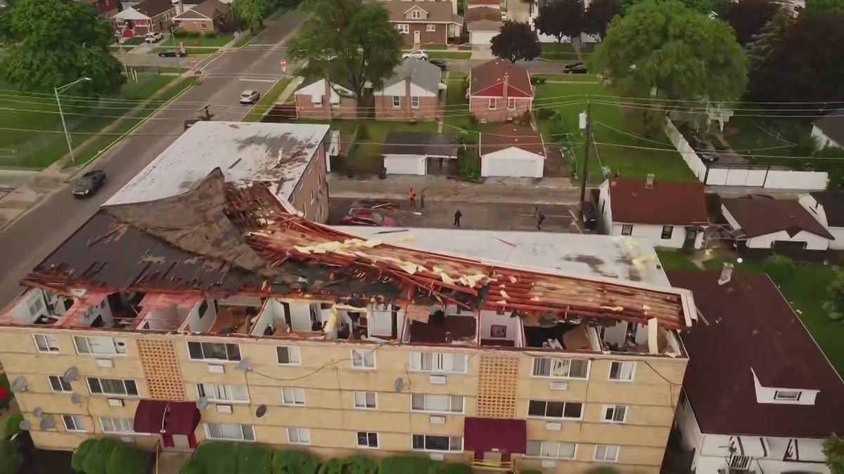 Bellwood, one of the suburbs hit hardest by Monday's storm, as roof tears off 3-story apartment building