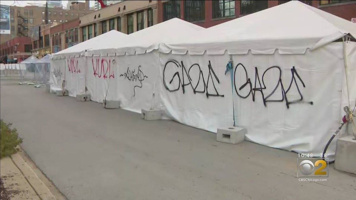 Vandals graffiti outdoor dining tents in West Loop