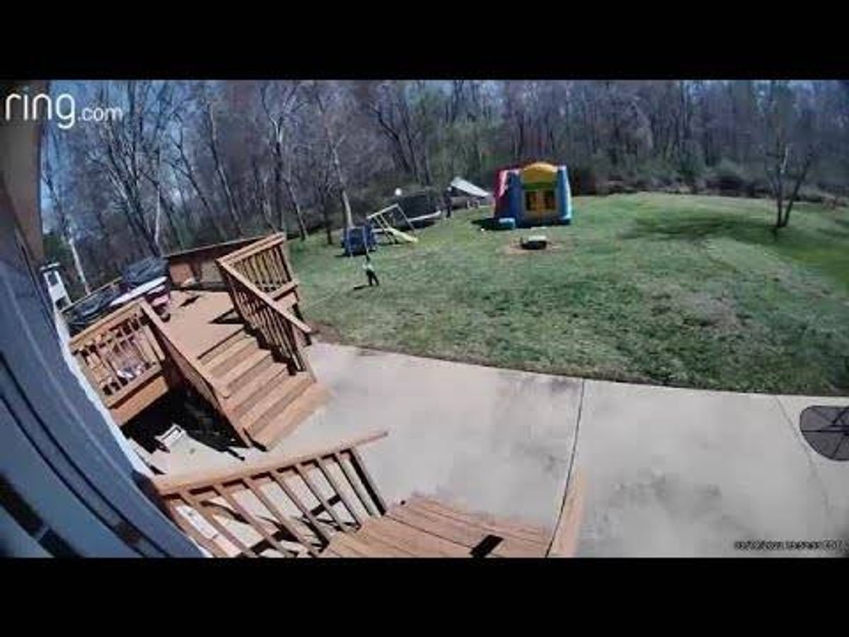 WATCH: Child's birthday party bounce house goes airborne as winds, tornadoes cut through South