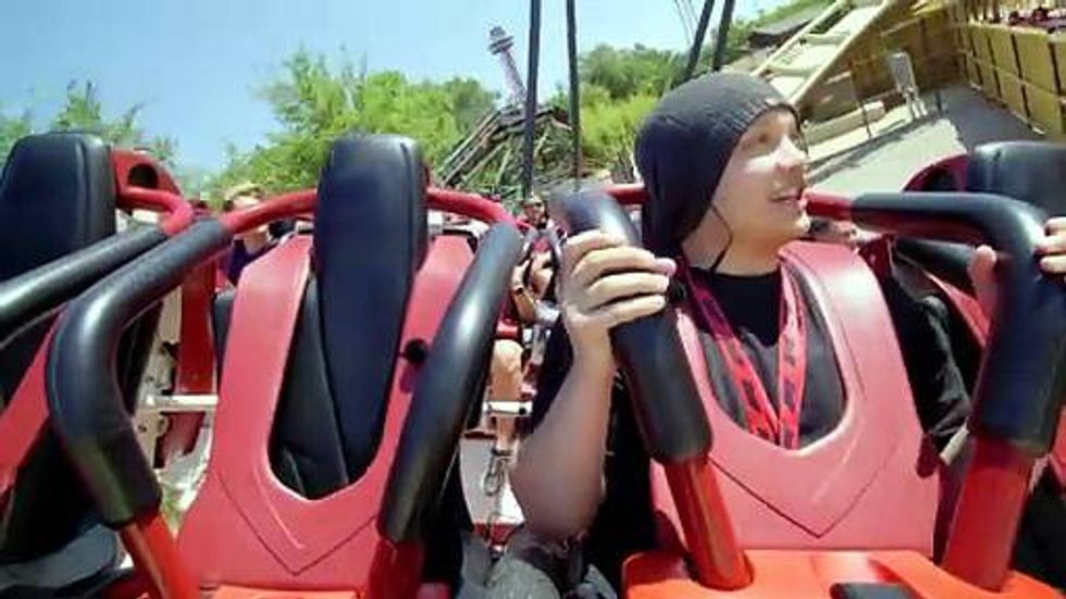 KRLD's Tristan Rines rides the new Tormenta Rampaging Run at Six Flags
