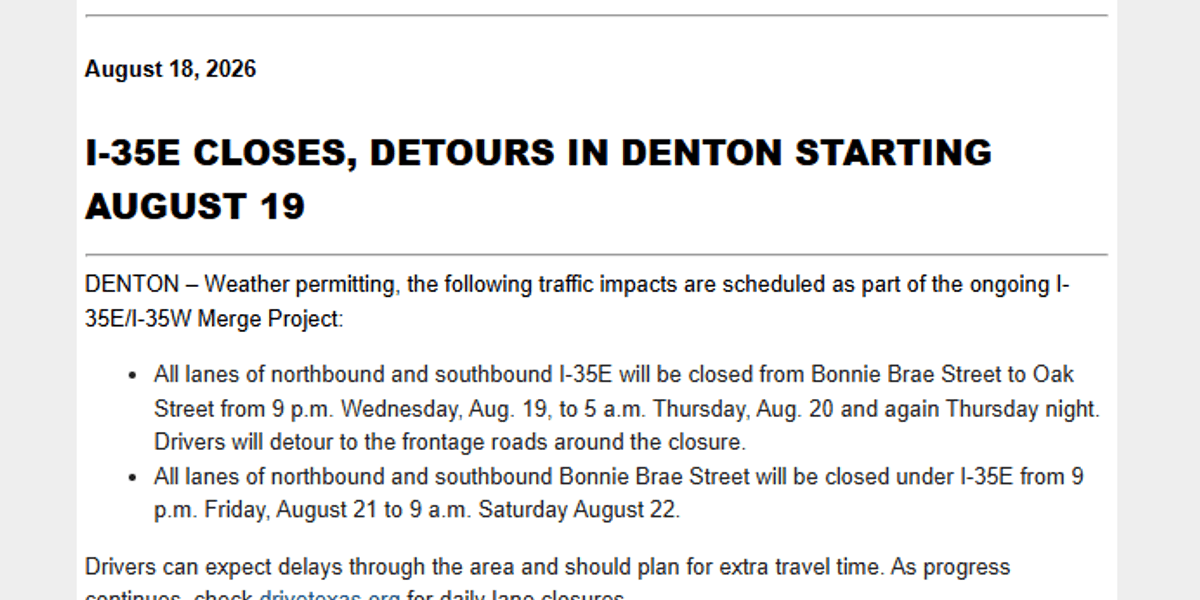 Traffic Advisory for Denton County on I-35E