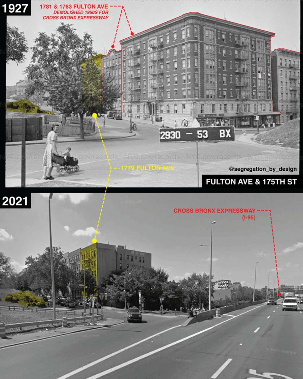 Images from before and after construction of the Cross-Bronx Expressway at Fulton Avenue and East 175th Street.
