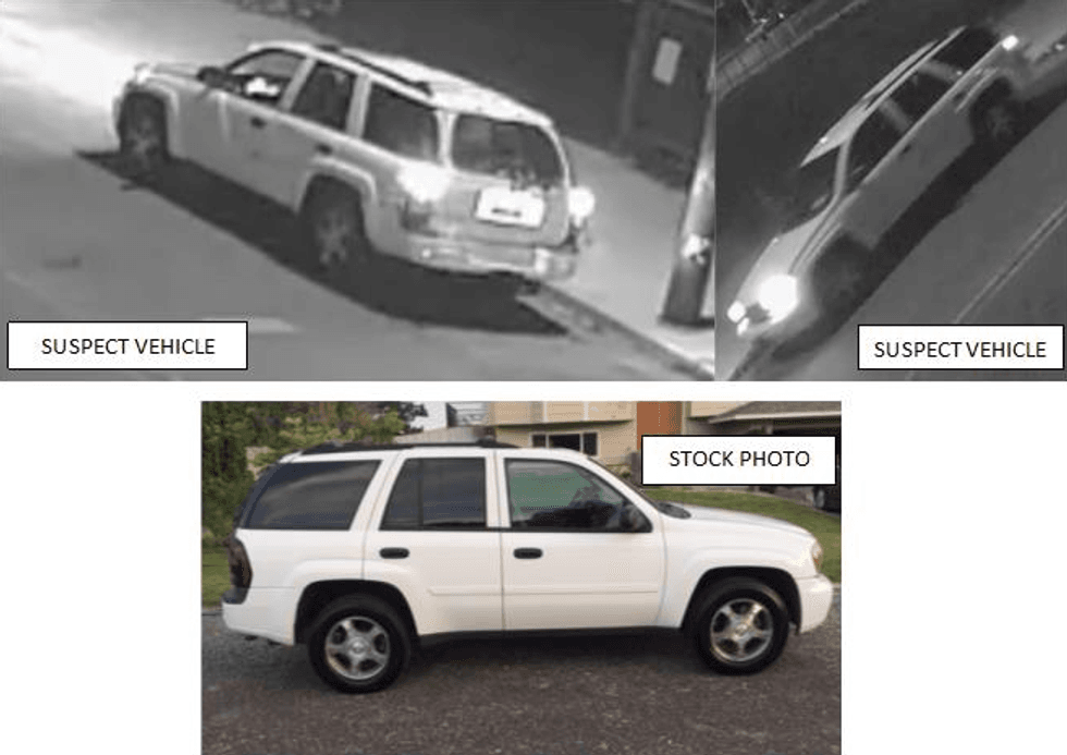 Images of the vehicle suspected in the death of Temple University student Bryce Wolfe on June 24, as well as a stock photo of the vehicle, a Chevrolet Trailblazer.