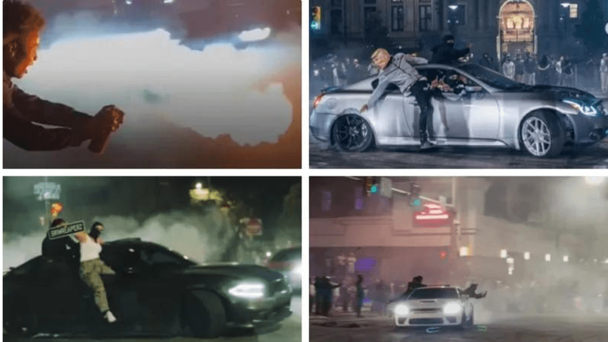 Images taken the night of Sept. 21, 2024, distributed to news media, clockwise from top left: A man shoots flames from a can containing flammable liquid; someone wearing a Donald Trump mask hangs out the passenger side of a car drifting in front of City Hall; a car kids through an intersection; a woman hangs out the passenger side of a car drifting on Spring Garden Street.
