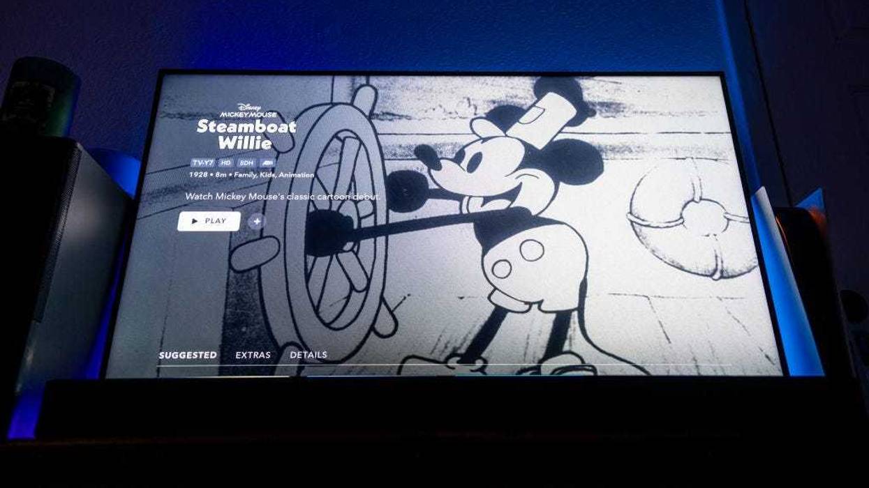 In a photo illustration, an episode of Disney's Steamboat Willie that was the debut of Mickey Mouse is seen on a television set on January 02, 2024 in Austin, Texas.