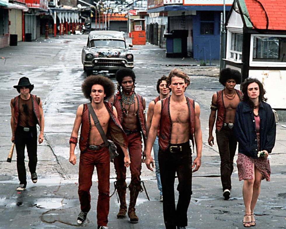 In a scene from the film "The Warriors," members of the titular gang walk west along Bowery Street in Coney Island in 1979.