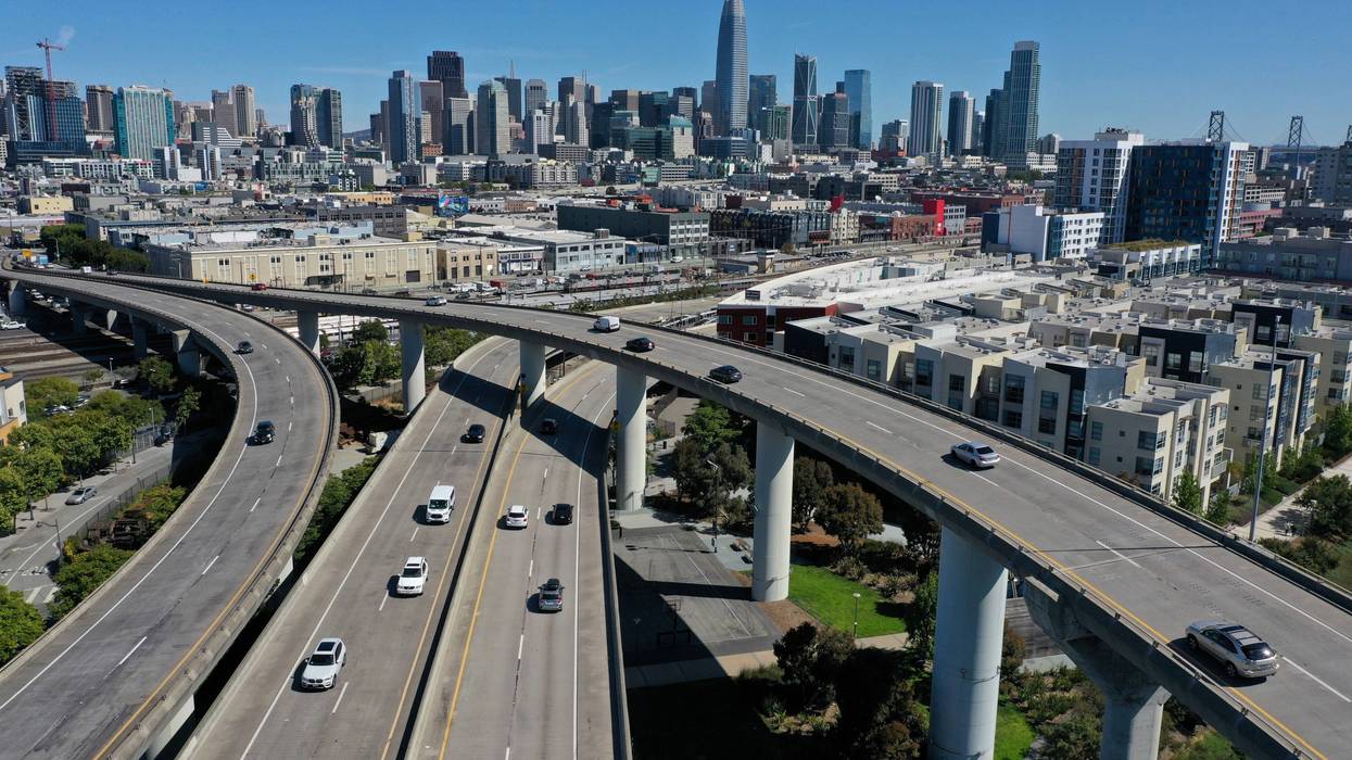 In an aerial view, cars drive along Interstate 280 on June 11, 2021 in San Francisco, California.