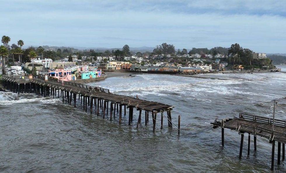 In an aerial view, damage is visible on the Capitola Wharf following a powerful winter storm on January 06, 2023 in Capitola, California.
