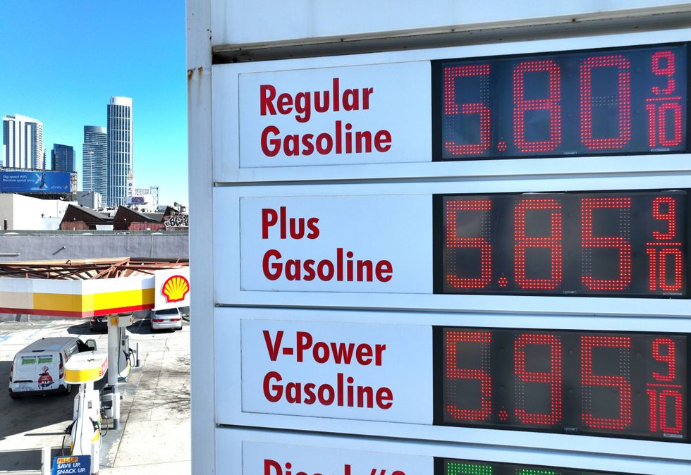 In an aerial view, gas prices nearing $6.00 a gallon are displayed at a Shell gas station on February 23, 2022 in San Francisco, California.