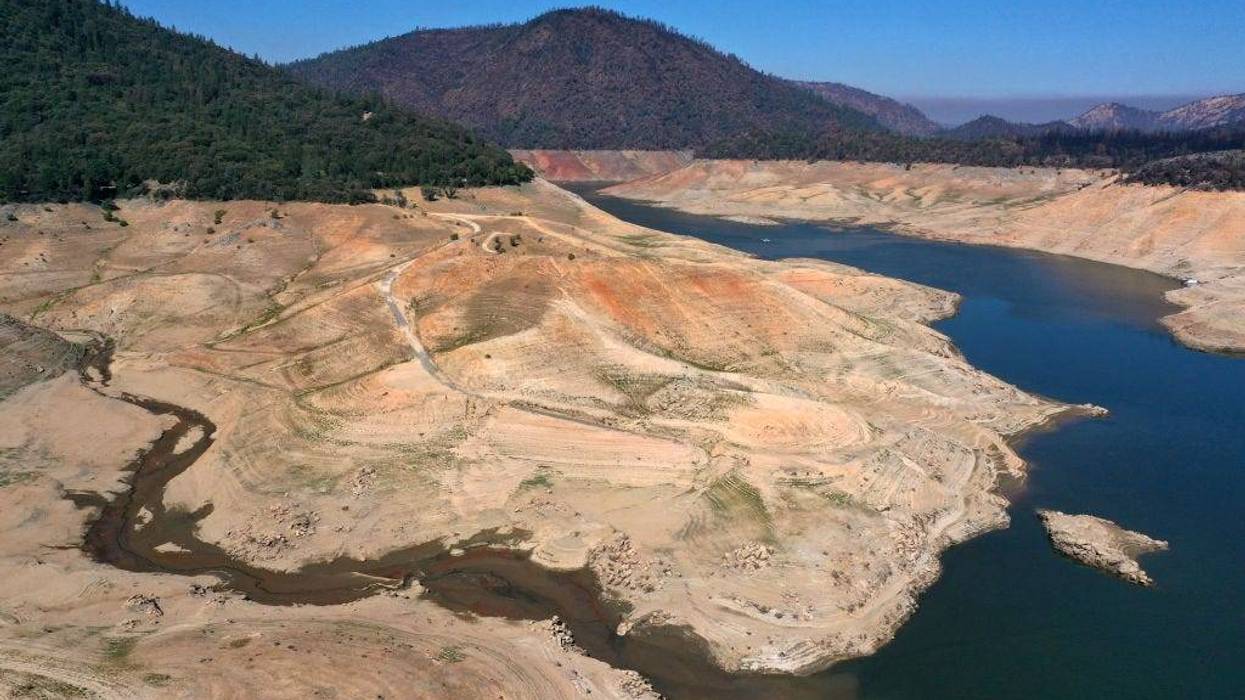 In an aerial view, low water levels are visible at Lake Oroville on July 22, 2021, in Oroville, California.