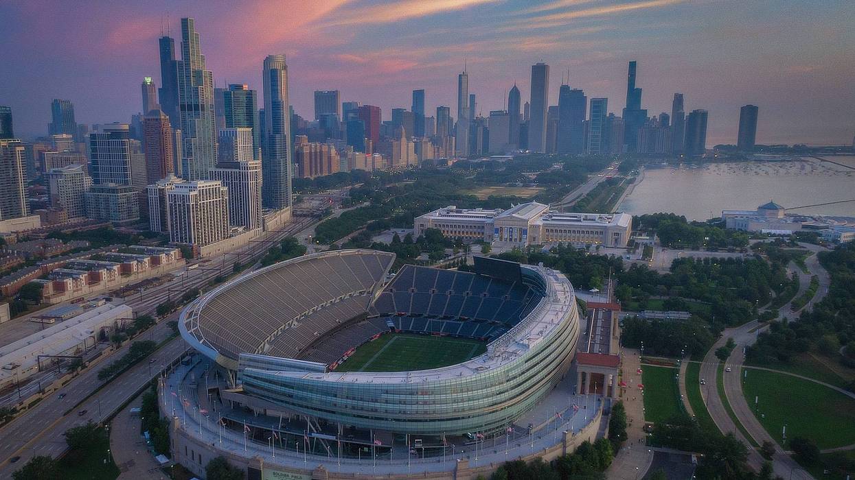 In an aerial view, Soldier Field is seen before a pre-season game between the Chicago Bears and the Buffalo Bills at Soldier Field on August 21, 2021 in Chicago, Illinois.