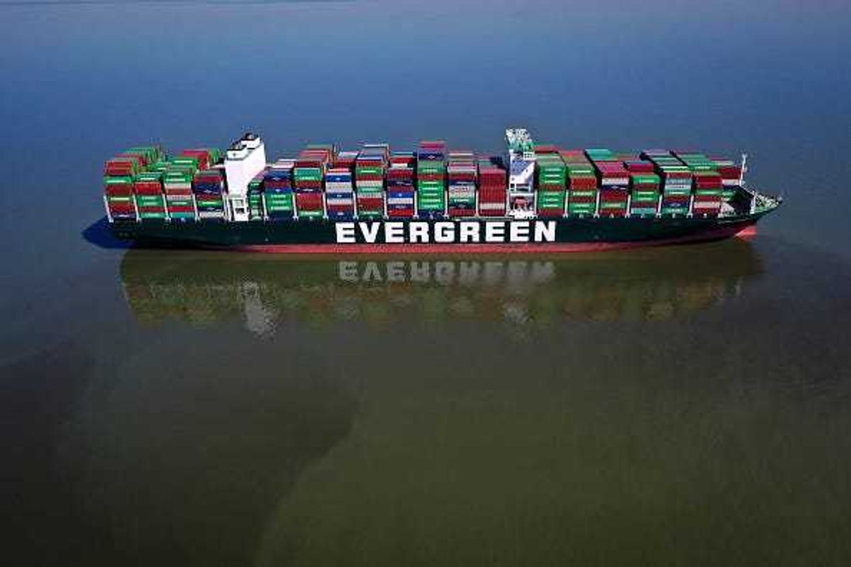 In an aerial view, the Ever Forward container ship is shown in the Chesapeake Bay after it ran aground near Baltimore March 16, 2022 in Pasadena, Maryland.