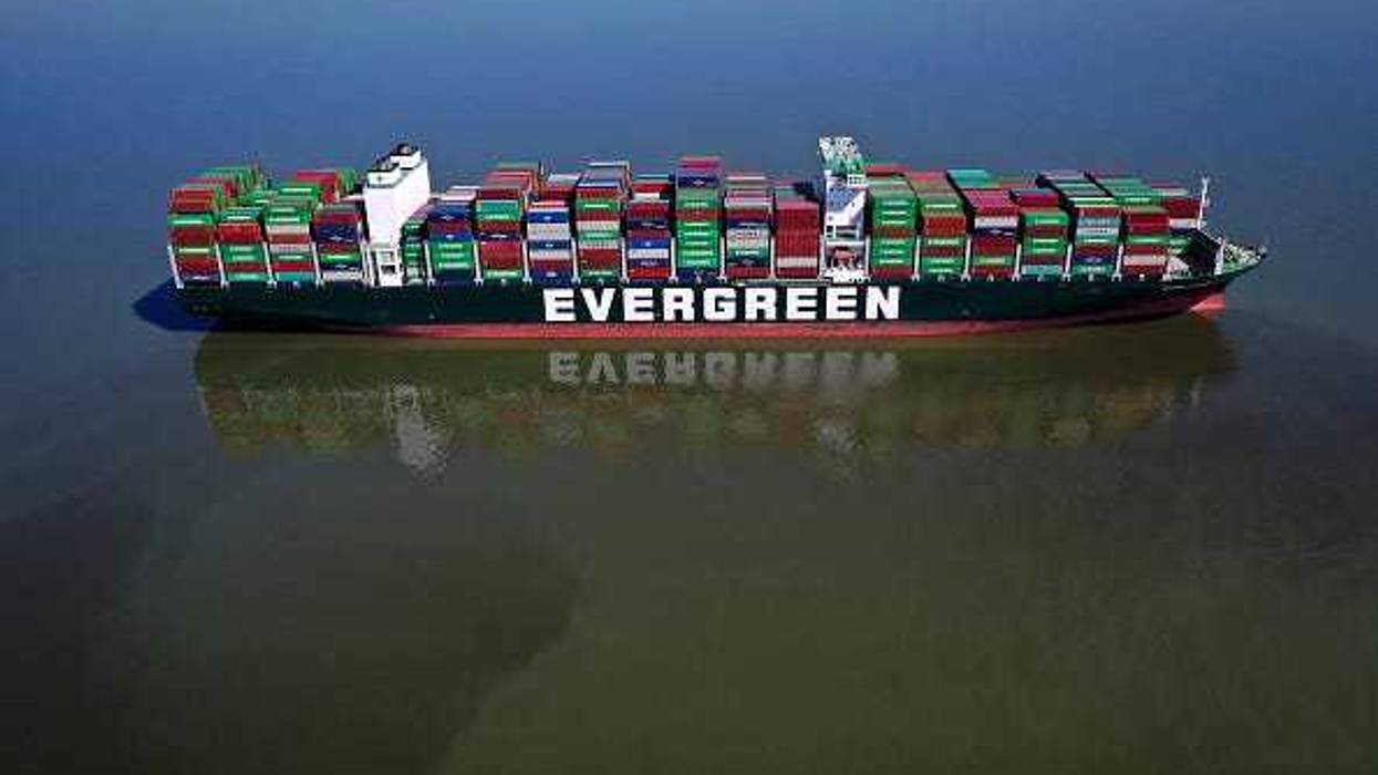 In an aerial view, the Ever Forward container ship is shown in the Chesapeake Bay after it ran aground near Baltimore March 16, 2022 in Pasadena, Maryland.