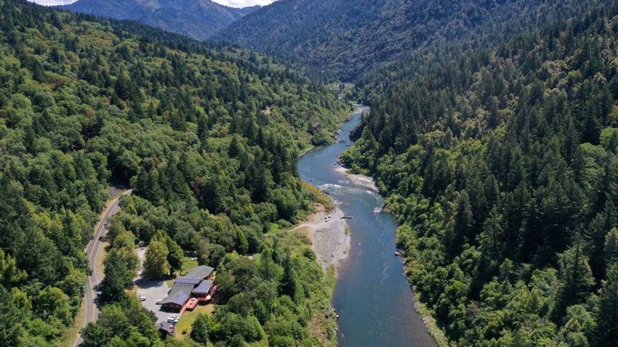 In an aerial view, the Klamath River flows by the Yurok Tribe tribal headquarters on June 09, 2021 in Weitchpec, California.