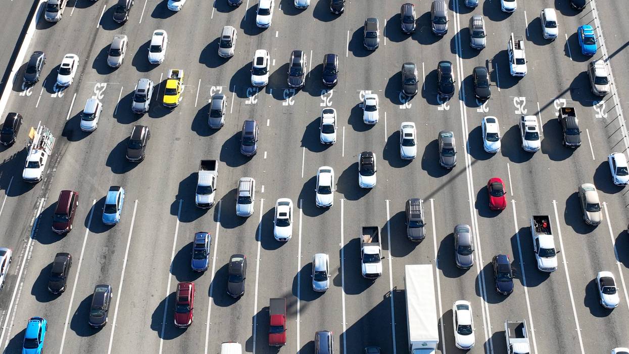 In an aerial view, traffic backs up at the San Francisco–Oakland Bay Bridge toll plaza on February 16, 2022 in Oakland, California.