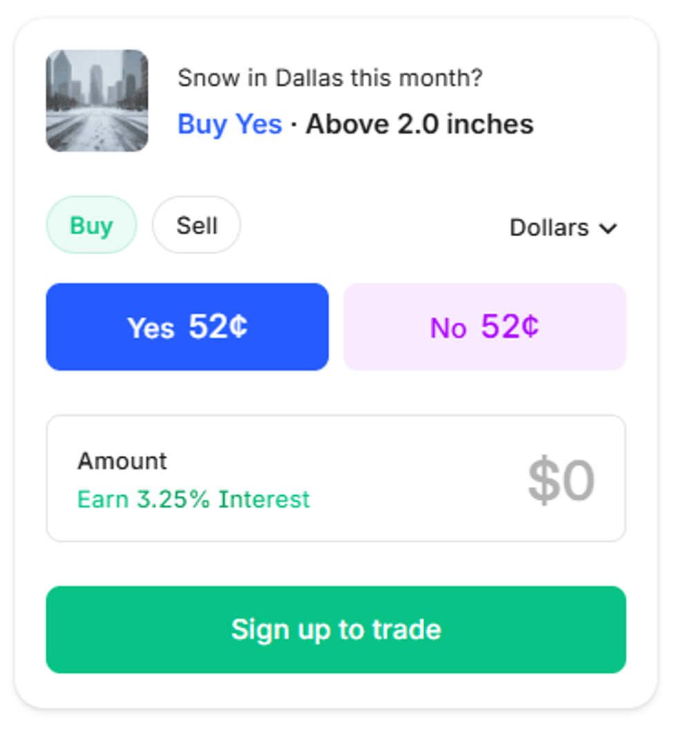 In the Kalshi "Dallas snowfall monthly" market, traders are wagering on thresholds of accumulation that will ultimately be determined by official reports from the National Weather Service once January ends.