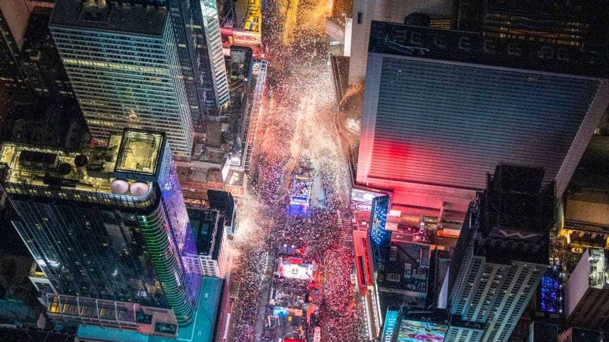 In this aerial view, revelers celebrate New Year's Eve In Times Square on Jan. 1, 2024.