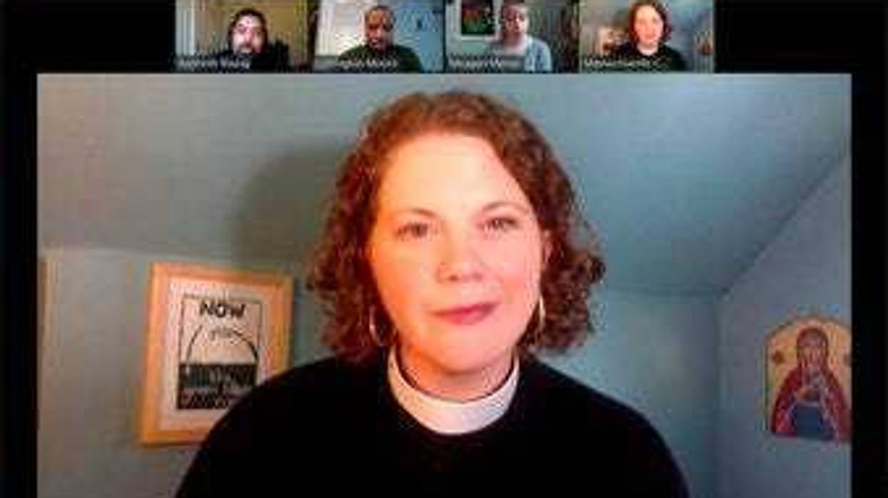 In this April 2, 2020, frame from a Zoom video, the Rev. Laura Everett in Boston delivers a sermon for Boston’s First Baptist Church. (The Rev. Laura E. Everett via AP)