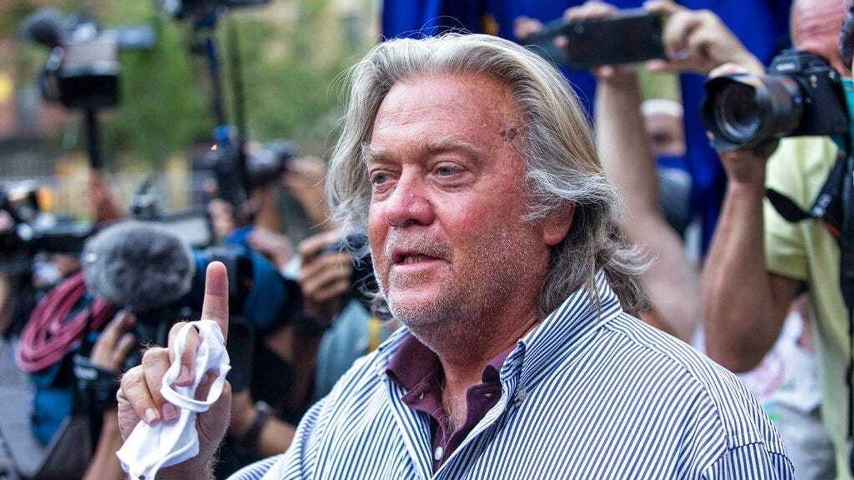 In this Aug. 20, 2020, file photo, President Donald Trump's former chief strategist, Steve Bannon, speaks with reporters in New York. (AP Photo/Eduardo Munoz Alvarez, File)