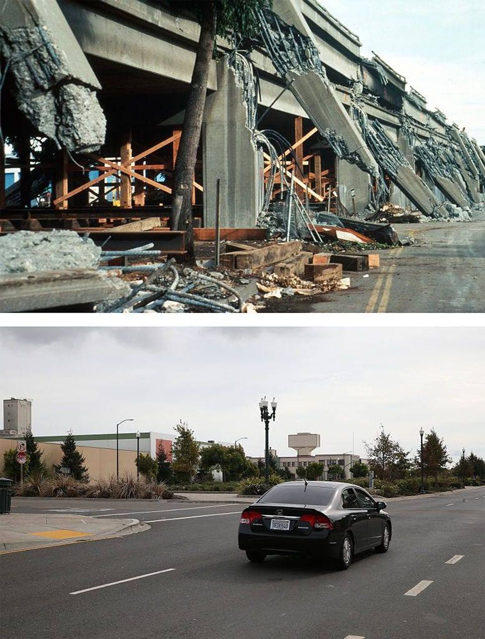 In this before-and-after composite image, (Top) The collapsed upper deck of the Cypress viaduct of Interstate 880 after the Loma Prieta earthquake on October 17, 1989 in Oakland, California. (Bottom) A car drives along Mandela Parkway where the Cypress viaduct of Interstate 880 used to stand on October 15, 2014 in Oakland, California.