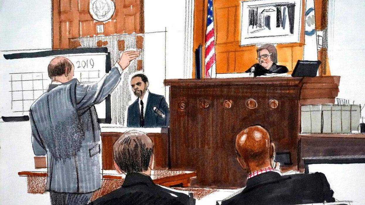 In this courtroom sketch, Special prosecutor Dan Webb, left, cross examines actor Jussie Smollett as Cook County Judge James Linn and members of Webb's team listen Tuesday, Dec. 7, 2021, in Chicago.