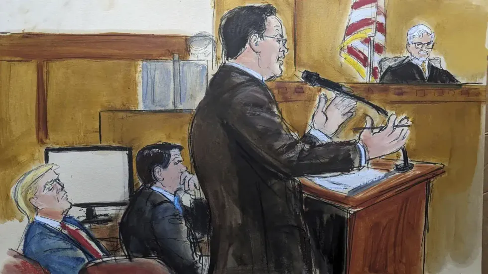 In this courtroom sketch, Tuesday, May 28, 2024, Assistant District Attorney Joshua Steingless delivers the prosecution closing arguments in Donald Trump