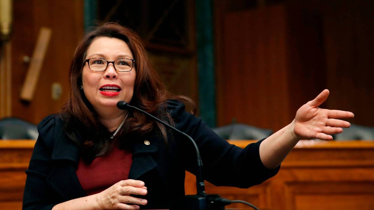 In this Feb. 14, 2018, photo, Sen. Tammy Duckworth, D-Ill., speaks to Goldman Sachs 10,000 Small Businesses Summit, on Capitol Hill, in Washington.