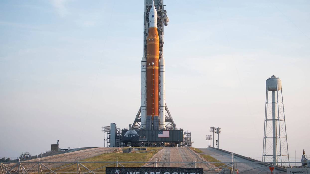 In this handout image provided by NASA, NASA's Space Launch System (SLS) rocket with the Orion spacecraft aboard is seen atop the mobile launcher at Launch Pad 39B at the Kennedy Space Center on August 17, 2022 in Cape Canaveral, Florida.