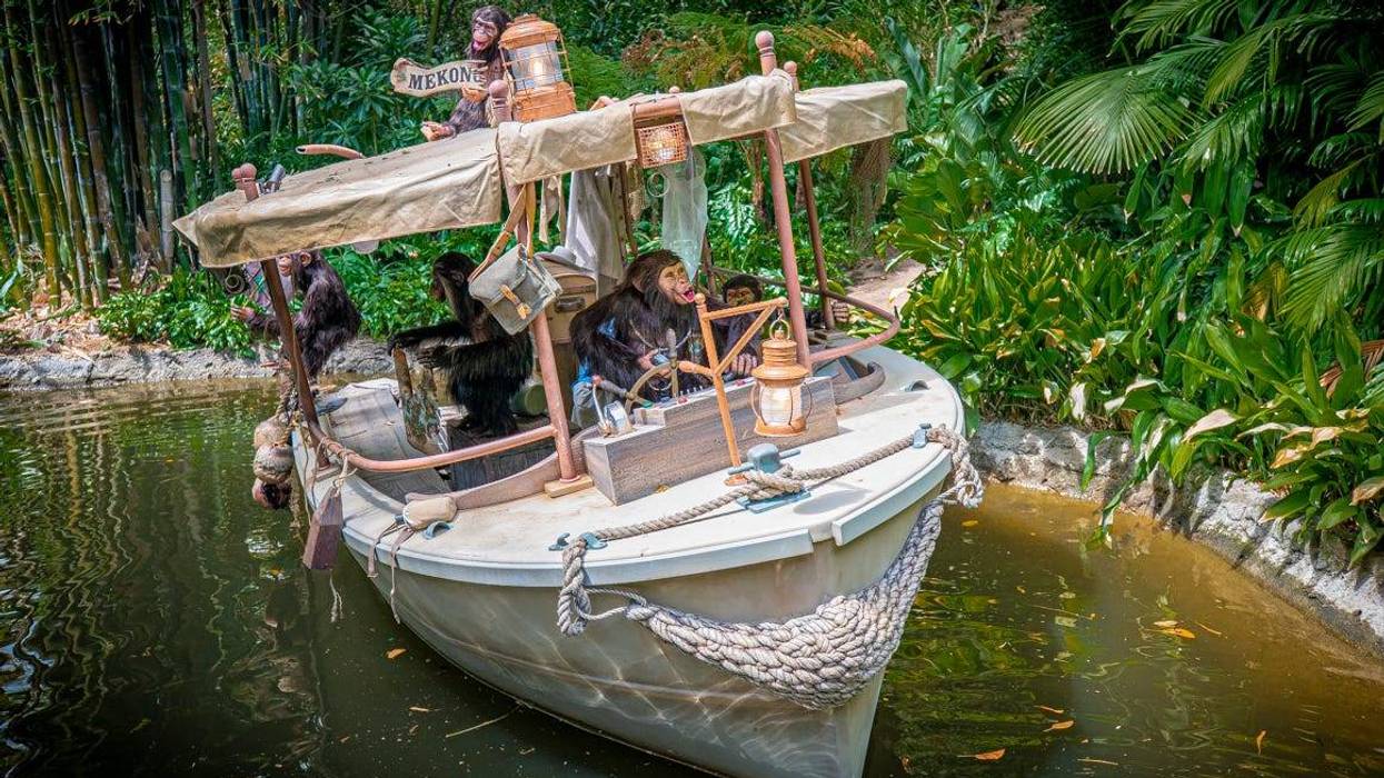 In this handout photo provided by Disneyland Resorts, Chimpanzees take over the wrecked boat of a safari expedition on the world-famous Jungle Cruise at Disneyland Park