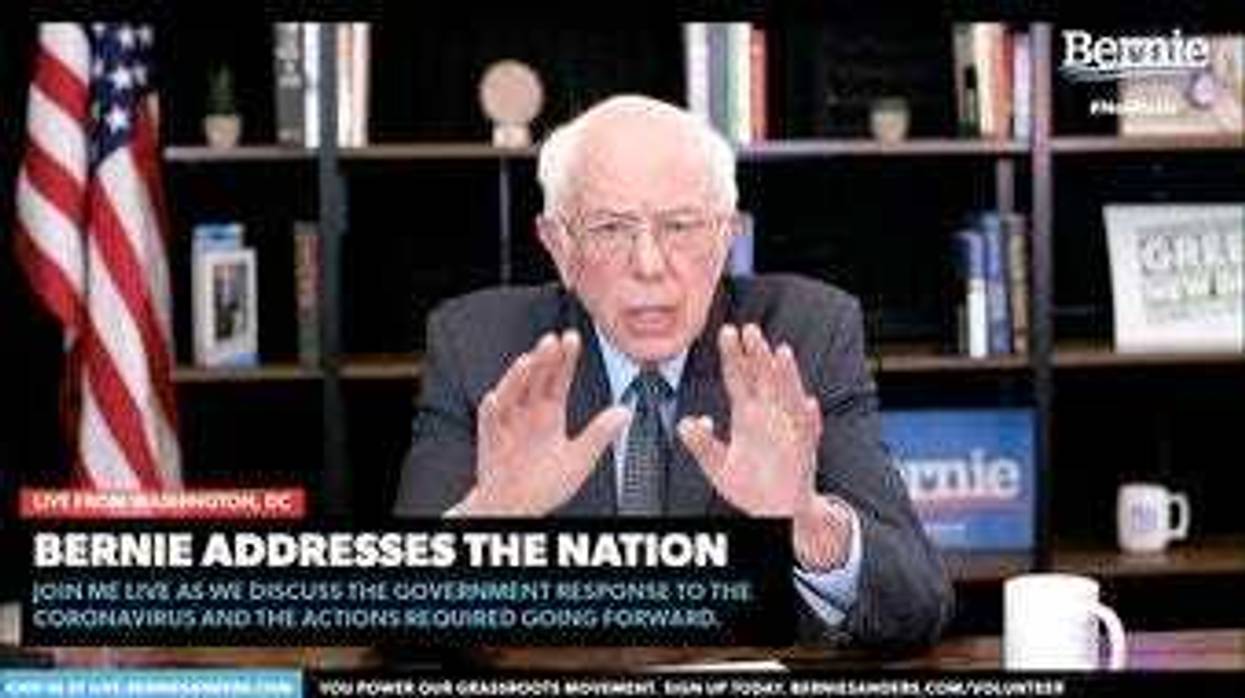 In this image from video provided by BernieSanders.com, Democratic presidential candidate Sen. Bernie Sanders, I-Vt., speaks from Washington, Tuesday, March 17, 2020. (BernieSanders.com via AP)
