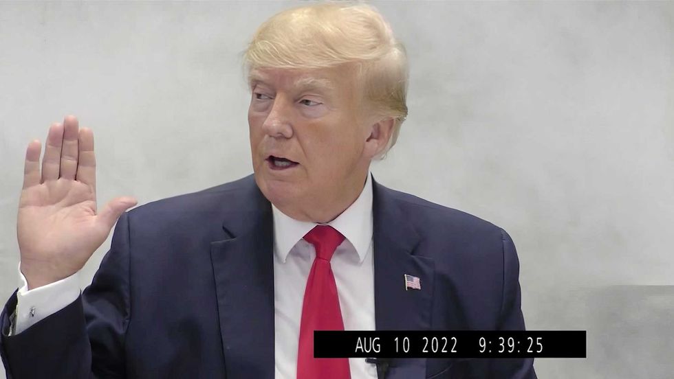 In this image from video provided by the New York State Attorney General, former President Donald Trump is sworn in for a deposition on Aug. 10, 2022, in New York