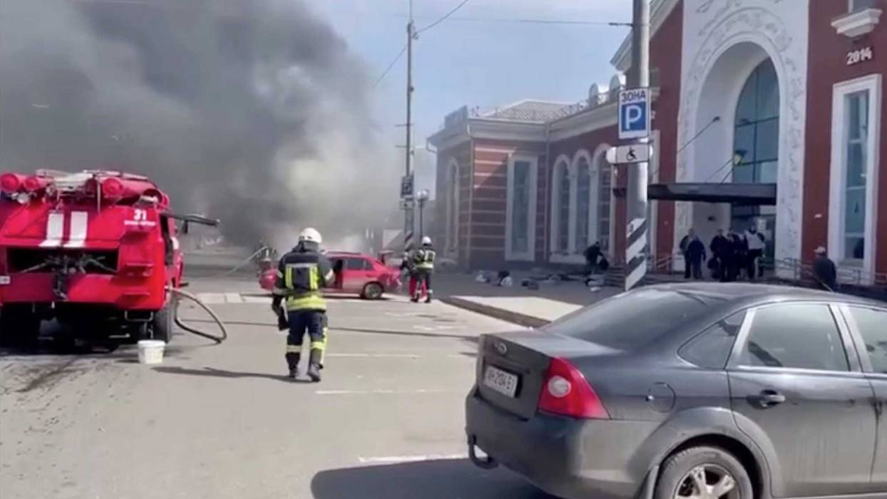 In this image from video published on Ukrainian President Volodymyr Zelenskyy's Telegram channel, a smoke rises after Russian shelling at the railway station in Kramatorsk, Ukraine, Friday, April 8, 2022