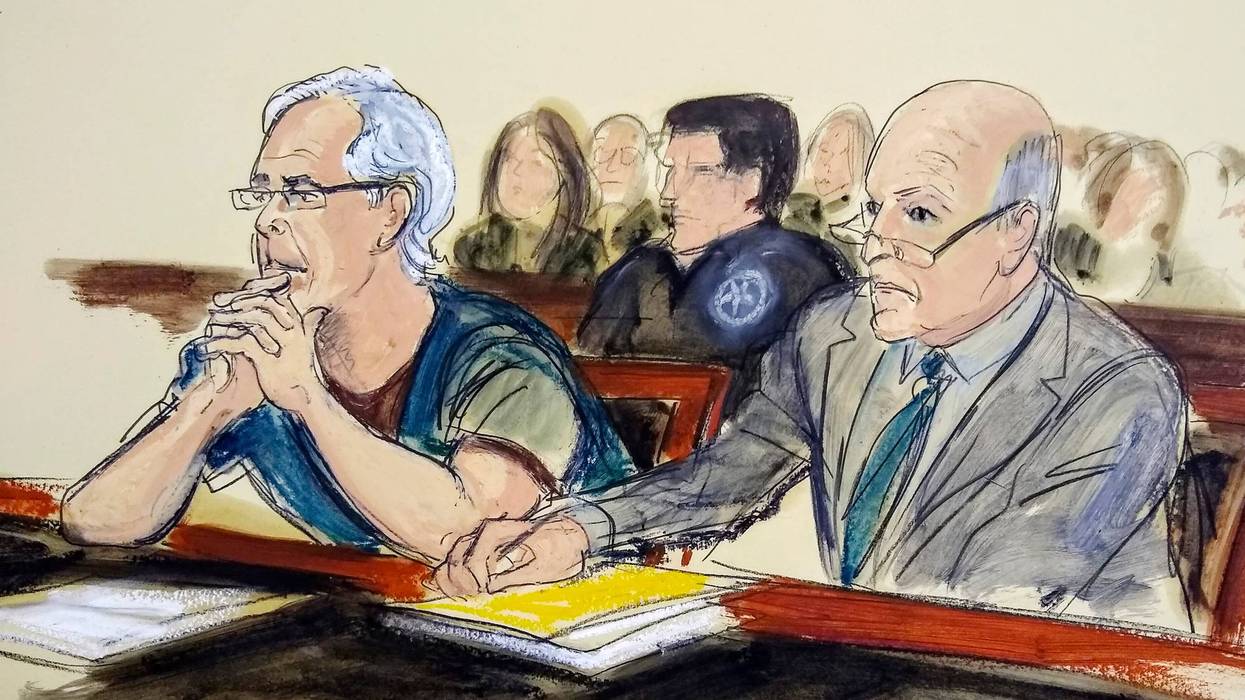 In this July 15, 2019 courtroom artist's sketch, defendant Jeffrey Epstein, left, and his attorney Martin Weinberg listen during a bail hearing in federal court, in New York.