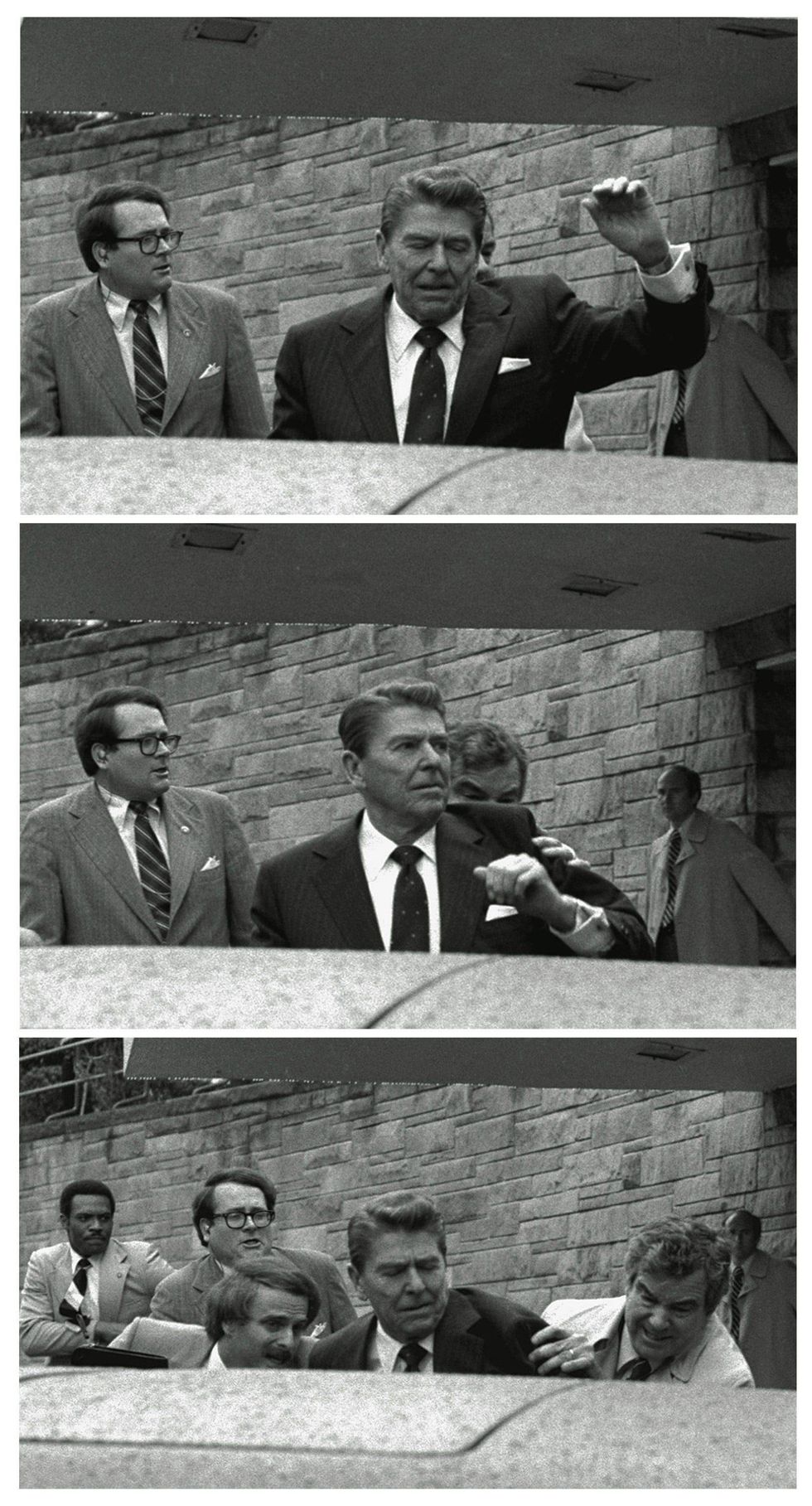 In this March 30, 1981 combination file photos, President Reagan waves, then looks up before being shoved into the presidential limousine by Secret Service agents after being shot outside a Washington hotel.