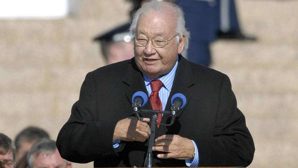 In this Monday, Jan. 8, 2007 photo, Pulitzer Prize-winning writer N. Scott Momaday recites a poem at the inauguration of Oklahoma Gov. Brad Henry at the State Capitol in Oklahoma City.