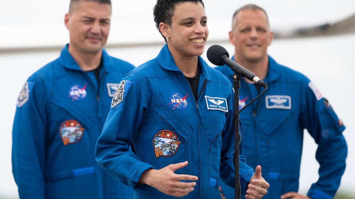 In this NASA handout, NASA astronaut Jessica Watkins speaks to members of the media after arriving at the Launch and Landing Facility at NASAs Kennedy Space Center with fellow crewmates NASA astronauts Robert Hines, Kjell Lindgren, and ESA (European Space Agency) astronaut Samantha Cristoforetti ahead of SpaceXs Crew-4 mission, Monday, April 18, 2022, in Florida.