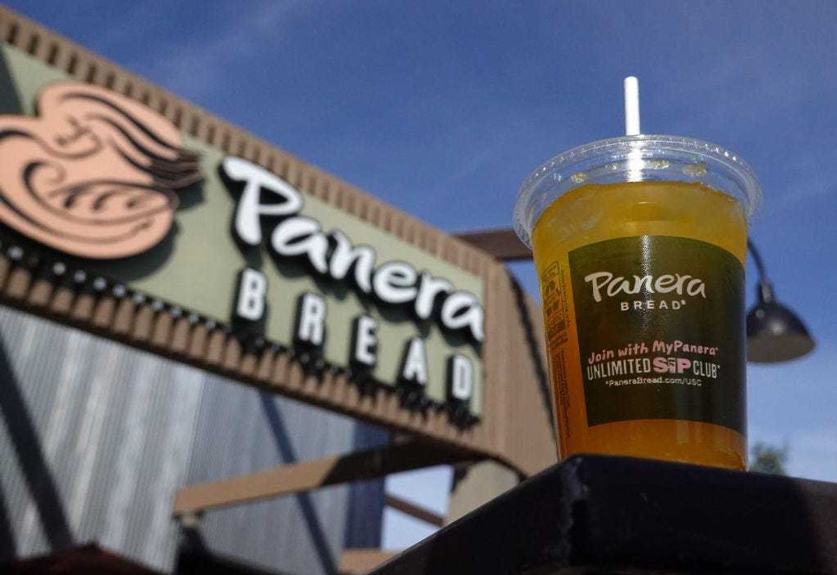 In this photo illustration, a Panera Bread mango yuzu citrus charged lemonade is displayed at a Panera Bread restaurant on November 01, 2023 in Novato, California. Missouri based Panera Bread announced plans to lay off 17 percent of its 1800 corporate staff as the company streamlines its operations ahead of an initial public offering. (Photo illustration by Justin Sullivan/Getty Images)