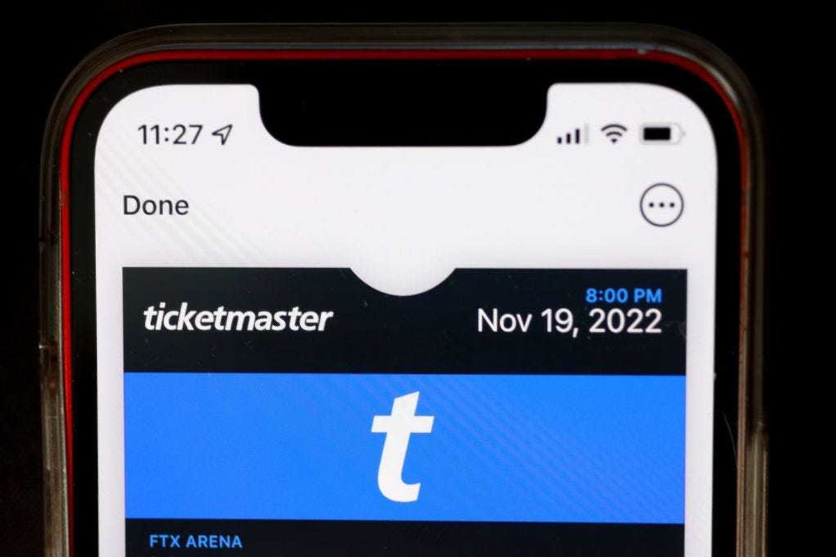 In this photo illustration, A ticketmaster ticket is shown on a cellphone on November 18, 2022 in Miami, Florida.