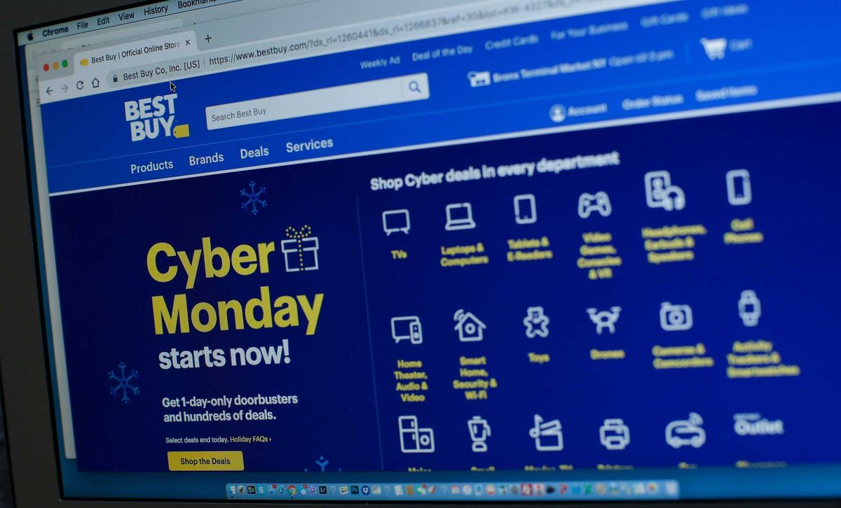 In this photo illustration, Best Buy advertises Cyber Monday sales on its company website on Nov. 26, 2018, in Guttenberg, New Jersey.
