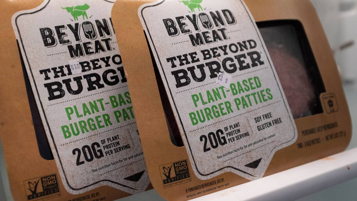 In this photo illustration, packages of Beyond Meat "The Beyond Burger" sit in a refrigerator, June 13, 2019 in the Brooklyn borough of New York City.