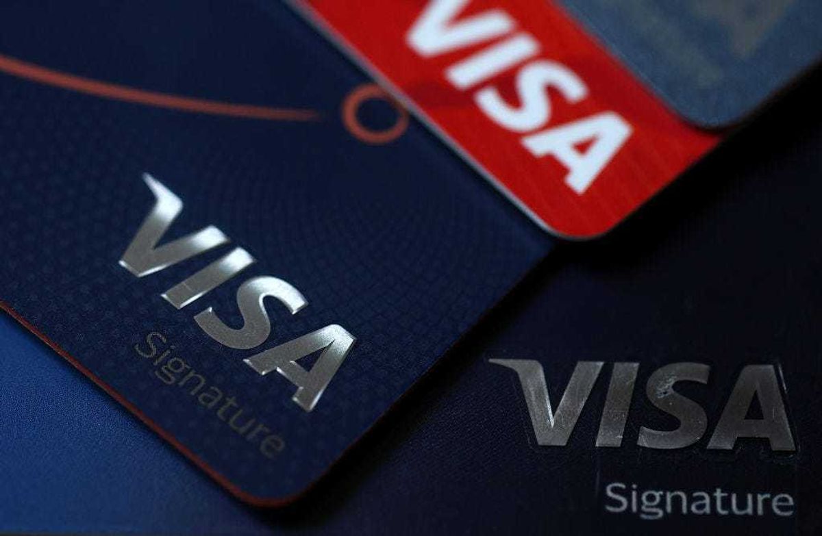 In this photo illustration, Visa credit cards are displayed on February 07, 2024 in San Anselmo, California. According to a report by the Federal Reserve Bank of New York, credit card debt in the United States has reached $1.13 trillion. (Photo Illustration by Justin Sullivan/Getty Images)