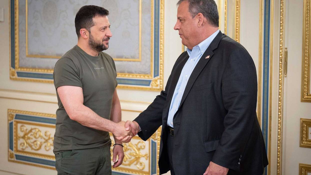 In this photo provided by the Ukrainian Presidential Press Office, Ukrainian President Volodymyr Zelenskyy, left, and Republican presidential candidate former New Jersey Gov. Chris Christie shake hands during their meeting in Kyiv, Ukraine, Friday, Aug. 4, 2023