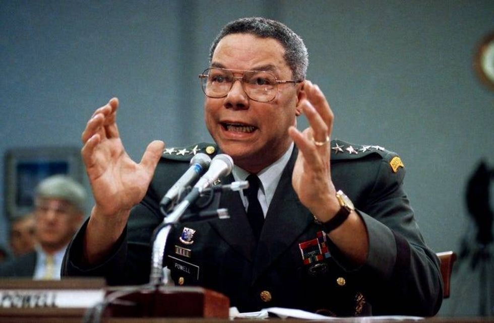 In this Sept. 25, 1991, file photo, Gen. Colin Powell, chairman of the Joint Chiefs of Staff, speaks on Capitol Hill in Washington, at a House Armed Services subcommittee.