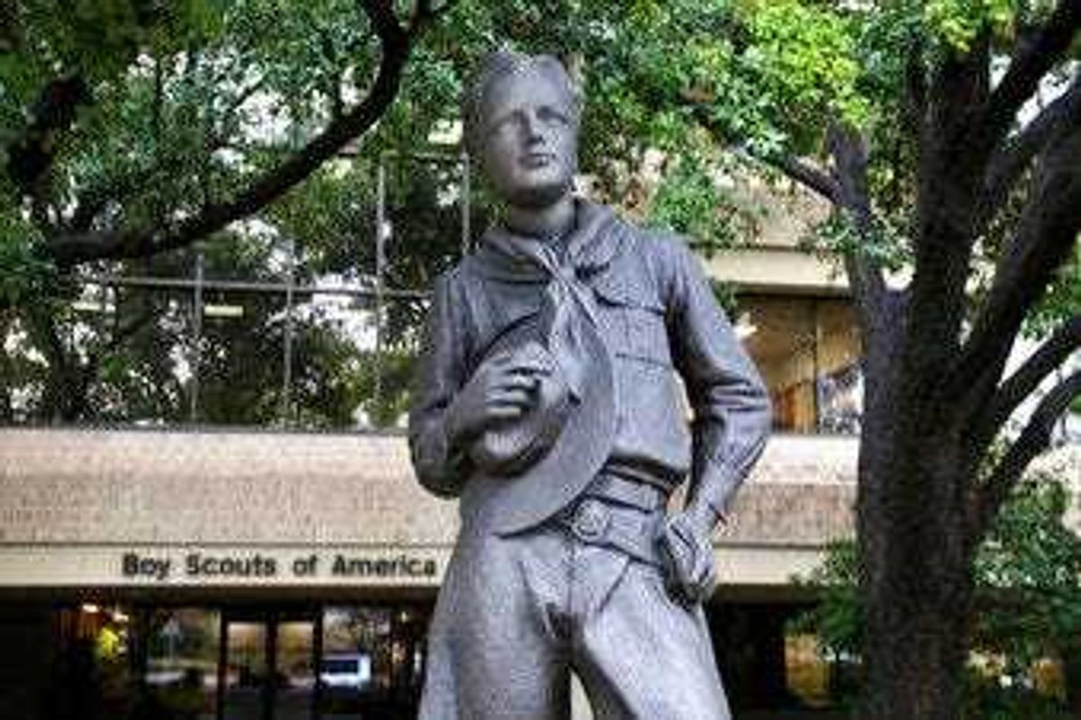 In this Wednesday, Feb. 12, 2020, photo, a statue stands outside the Boys Scouts of America headquarters in Irving, Texas. The Boy Scouts of America has filed for bankruptcy protection as it faces a barrage of new sex-abuse lawsuits. (AP Photo/LM Otero)