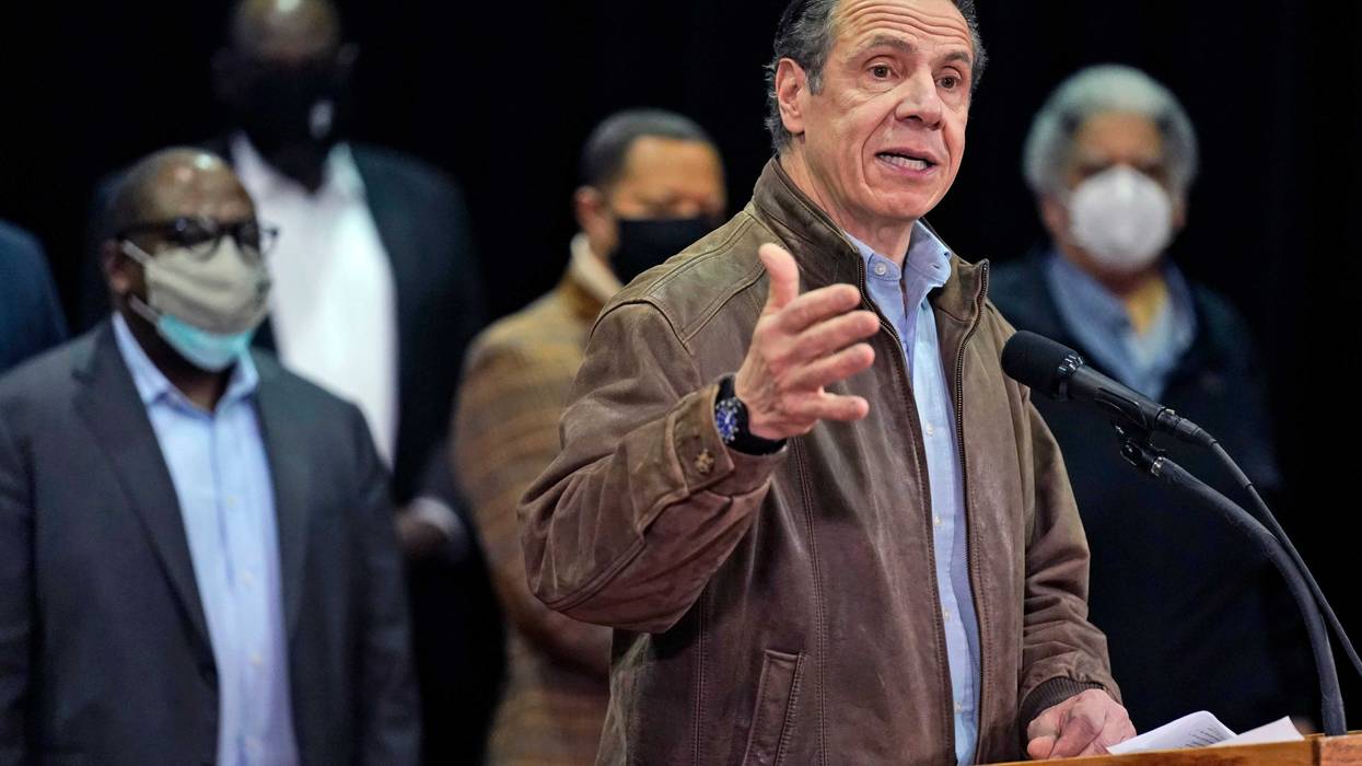 In this Wednesday, Feb. 24, 2021, file photo, New York Gov. Andrew Cuomo speaks during a press conference before the opening of a mass COVID-19 vaccination site in the Queens borough of New York