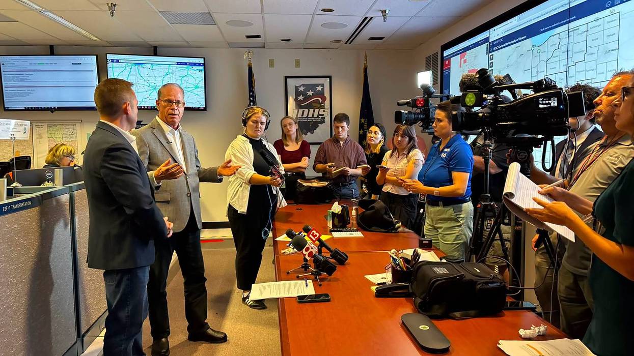 Indiana Gov. Mike Braun talks to reporters last week during a briefing about severe weather response.